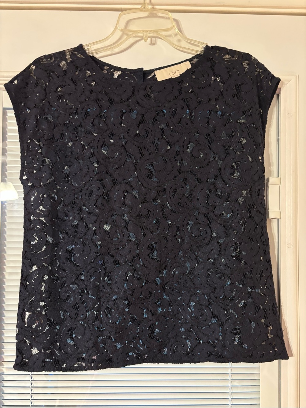 LOFT Navy Lace Floral Short Sleeve Blouse